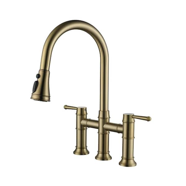 Dimakai Double Handle Bridge Pull-Down Kitchen Faucet with 3-Function Spray head in Brushed Gold