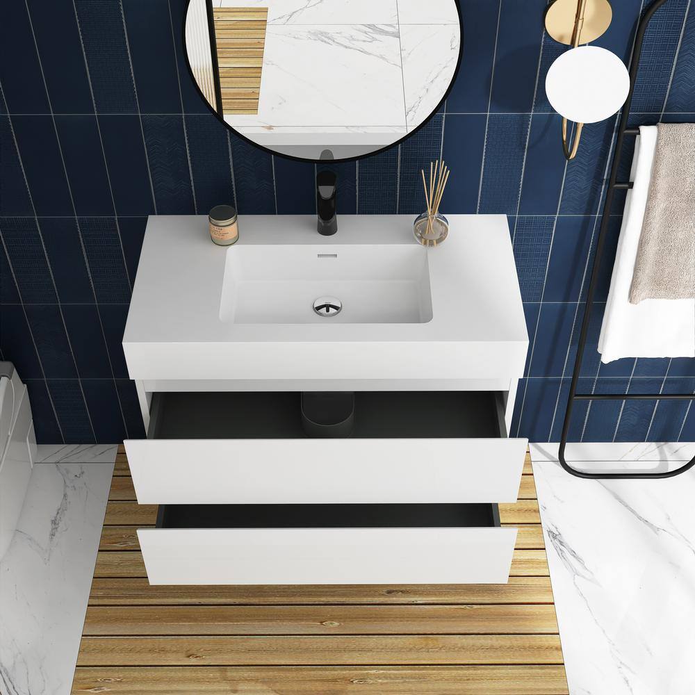 White MDF Wall-Mounted Bathroom Vanity with Resin Sink, 36"