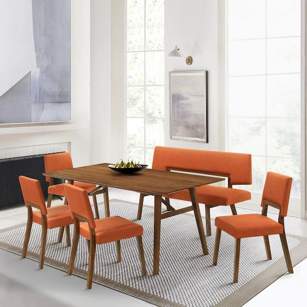 Armen Living Channell 6-Piece Rectangle Wood Top Orange Dining Set with Bench