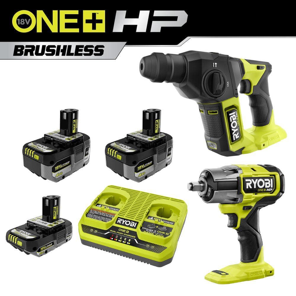 ONE+ 18V HP Kit w/(2) 4.0Ah, 2.0Ah Battery, 2-Port Charger, ONE+ 4-Mode 1/2"" Impact Wrench & ONE+ 5/8"" SDS Rotary Hammer -  RYOBI