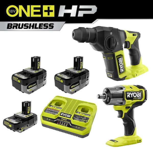 RYOBI ONE 18V HP Kit w 2 4.0Ah 2.0Ah Battery 2 Port Charger ONE 4 Mode 1 2 Impact Wrench ONE 5 8 SDS Rotary Hammer PSK023 P262 PSBRH01B The Home Depot