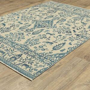 Fleetwood Ivory/Blue 7 ft. x 10 ft. Border Oriental Floral Polypropylene Fringe Edge Indoor Area Rug