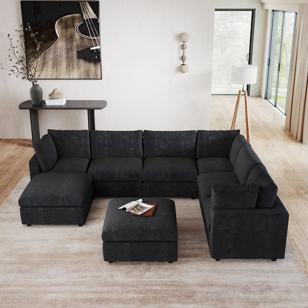 Modular Cloud Couch, 134 in. Square Arm 8-Piece Chenille U-Shaped Sectional Sofa with Ottoman, Washable Covers in. Black
