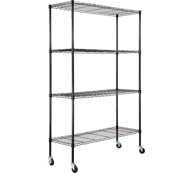 4-Tier Storage Shelving Unit and Wheels, 700 lbs. Capacity, Heavy Duty Steel Wire Rack, Black, 47.2 x 17.7 x 74 in.