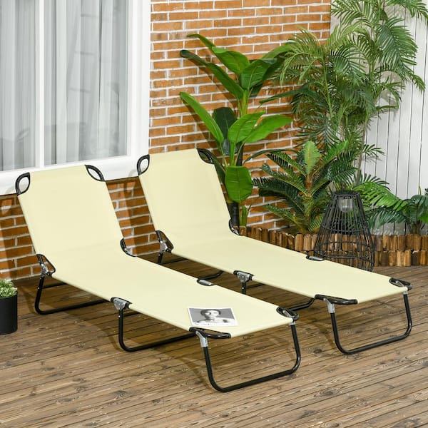 Otryad Beige Metal Outdoor Chaise Lounge, 2-Piece Folding Pool/Sun Tanning Chairs with 5-Level Reclining Back, Steel Frame