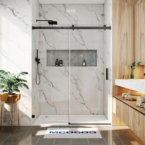 56-60.5 in. W x 79 in. H Single Sliding Frameless Soft Close Shower Door in Matte Black with 3/8 in. Clear Glass