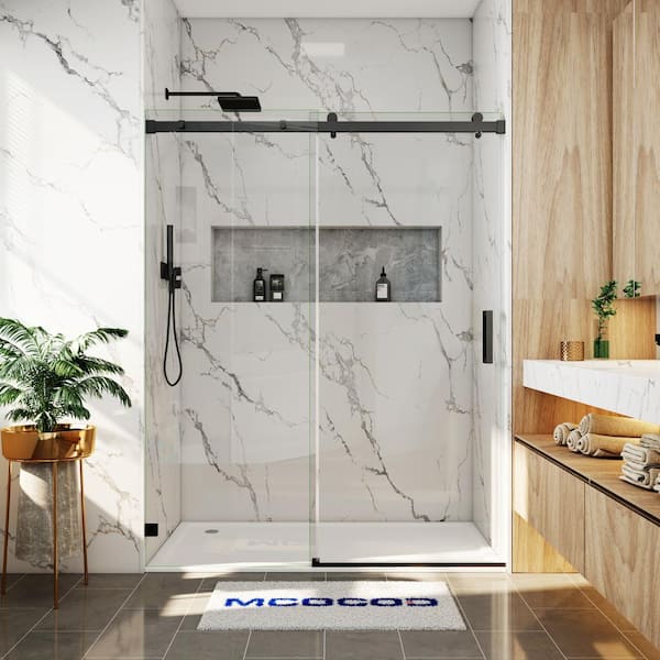 56-60.5 in. W x 79 in. H Single Sliding Frameless Soft Close Shower Door in Matte Black with 3/8 in. Clear Glass