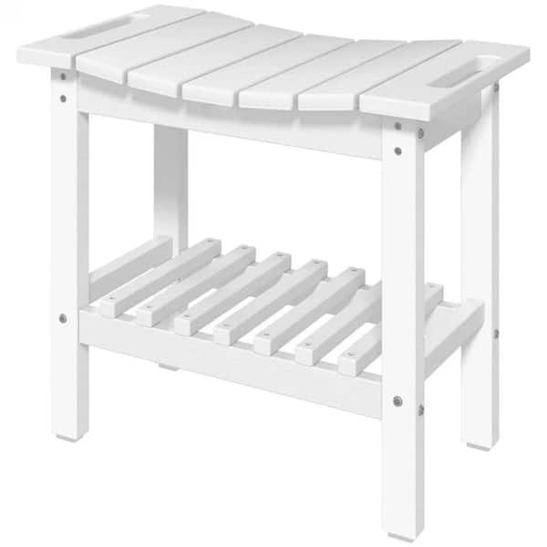 White 2-Tier Outdoor Side Table-HDPE, Non-Slip Feet, Handles, Weather Resistant, Weatherproof for Patio, Pool