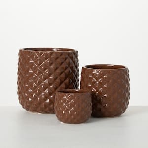 3 in., 4.5 in. and 6 in. Faceted Glazed Brown Ceramic Planters (Set of 3)