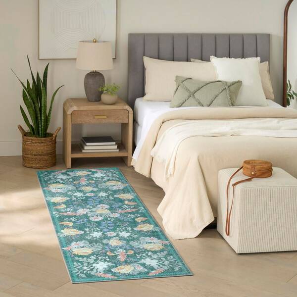 Botanical Washables 2 ft. x 6 ft. Green Multicolor Floral Contemporary Runner Area Rug
