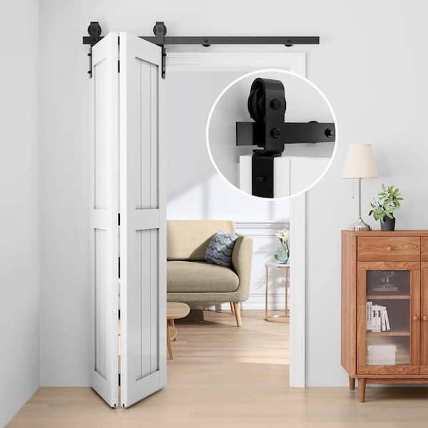 4 ft./48 in. Frosted Black Bi-Folding Sliding Barn Door Hardware Track Kit for Double Doors