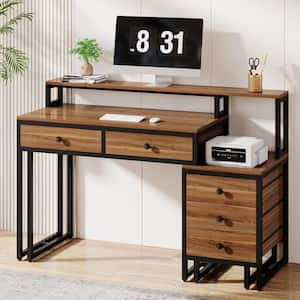 Moronia 51.18 in. Rectangle Light Walnut Wood 5-Drawer Computer Desk Writing Table with Storage and Monitor Shelf