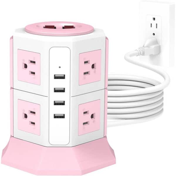 8-Outlet Power Strip Tower Surge Protector 1050J 1250W with 4-USB Ports and 6 ft. Cord for Office and Home, Pink