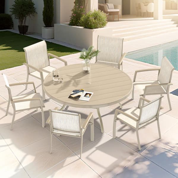 7-Pieces Sandstone Metal Stackable Patio Dining Set with Textilene Dining Chairs and Round Table