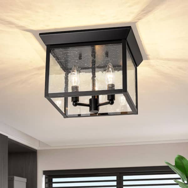 Taller 3-Light 11.4 in. W Matte Black Flush Mount Square Ceiling Light with Seeded Glass for Living Room Hallway