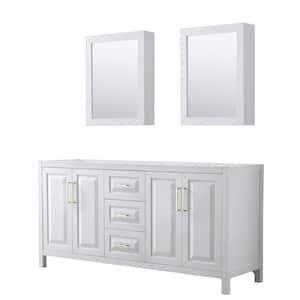 Daria 71 in. W x 21.5 in. D x 35 in. H Bath Vanity Cabinet without Top in White with Gold Trim and Med Cab Mirrors