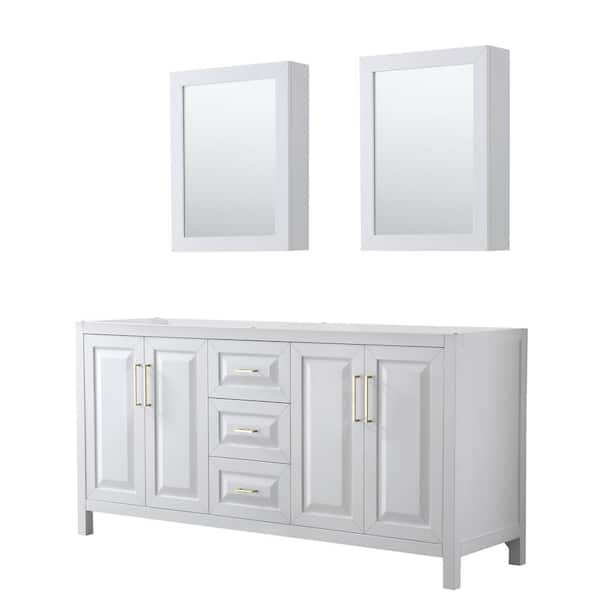 Wyndham Collection Daria 71 in. W x 21.5 in. D x 35 in. H Bath Vanity Cabinet without Top in White with Gold Trim and Med Cab Mirrors