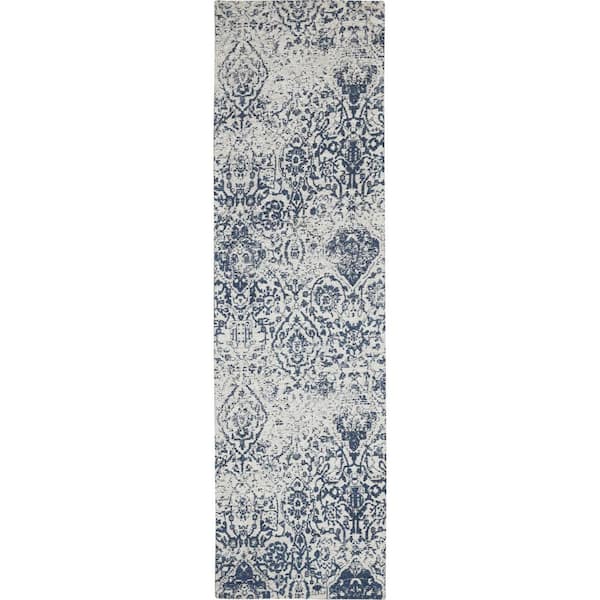 Nourison Damask Blue 2 ft. x 8 ft. Oriental Vintage Kitchen Runner Area Rug