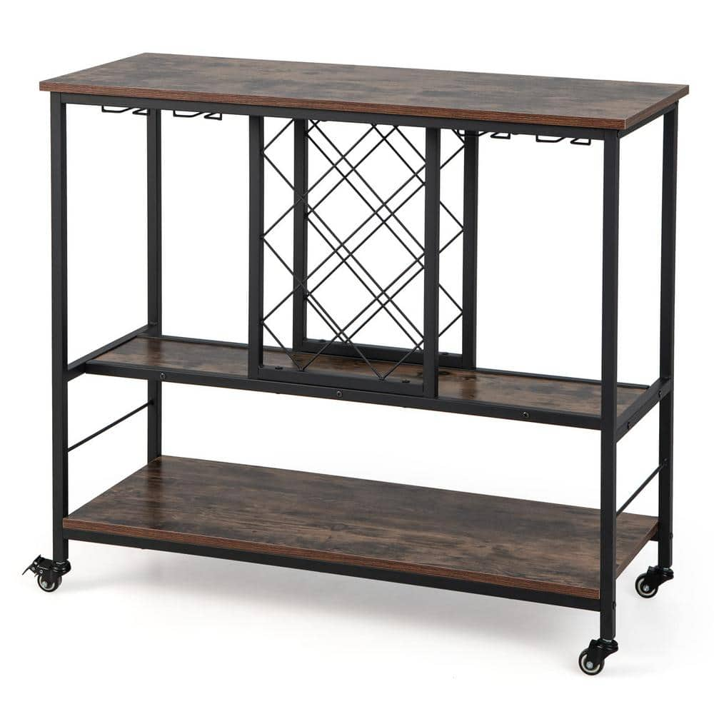 Bunpeony 3-Tier Brown Rolling Kitchen Cart Wine Bar Cabinet with 8-Bottles Rack and 12-Glasses Hanger