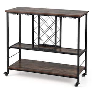 3-Tier Brown Rolling Kitchen Cart Wine Bar Cabinet with 8-Bottles Rack and 12-Glasses Hanger