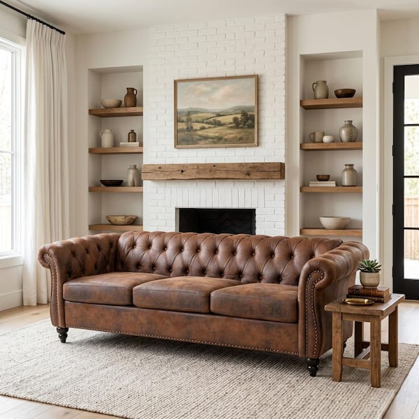 84.65 in. Rolled Arms Bronzing Suede Rectangle 3-Seater Chesterfield Sofa in Brown with Tufted Back, Nailhead Trim