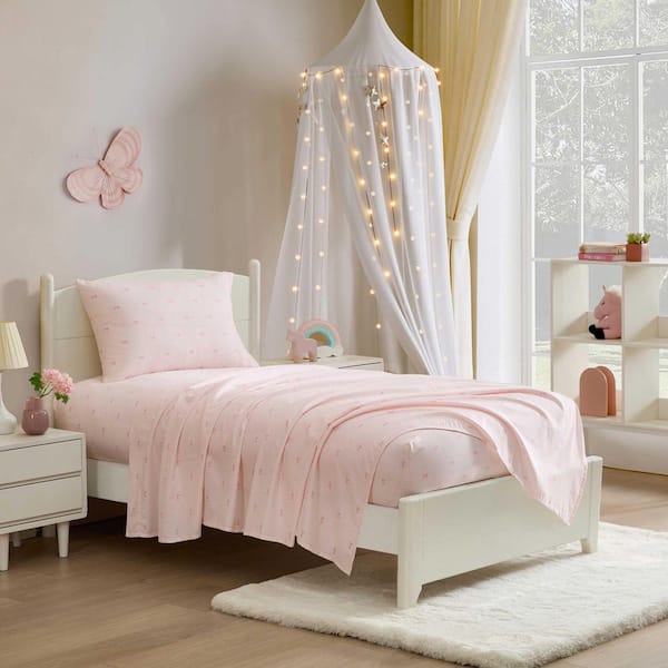 Laura Ashley Tiny Bows 4-Piece Pink Microfiber Full Sheet Set