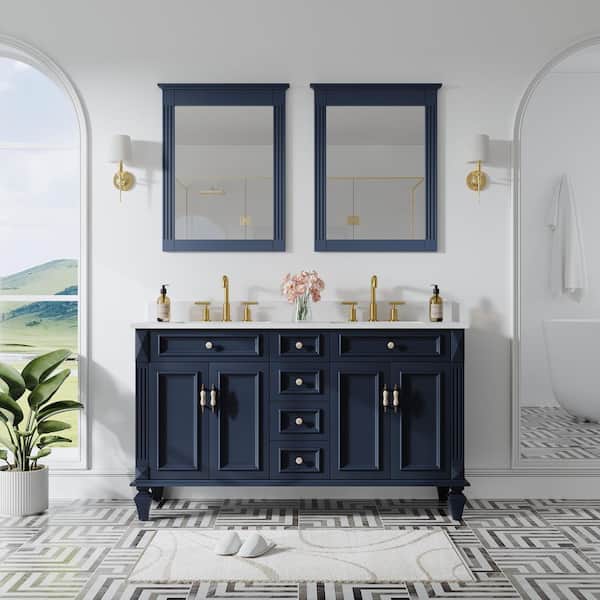 60 in. W x 22 in. D x 35 in. H Double Sink Solid Wood Bath Vanity in Navy with Stain-Resistant Quartz Top and 2 Mirror
