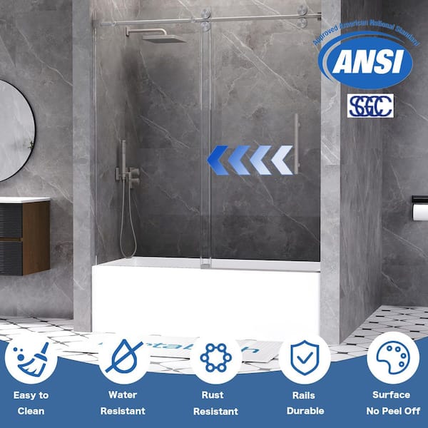 56 to 60 in. W x 66 in. H Single Sliding Frameless Tub Door in Brushed Nickel with 3/8 in. Tempered Clear Glass