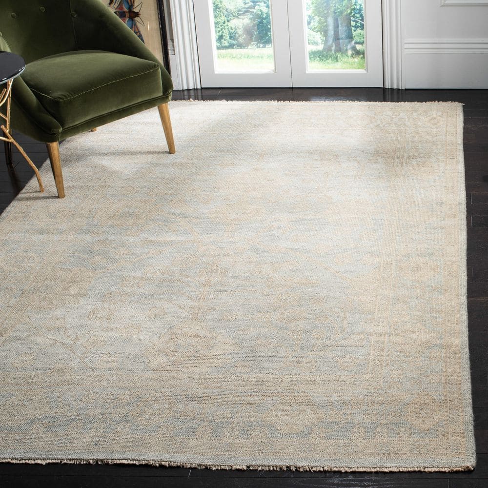 Light Blue and Ivory Hand-Knotted Wool Floral 9' x 12' Area Rug