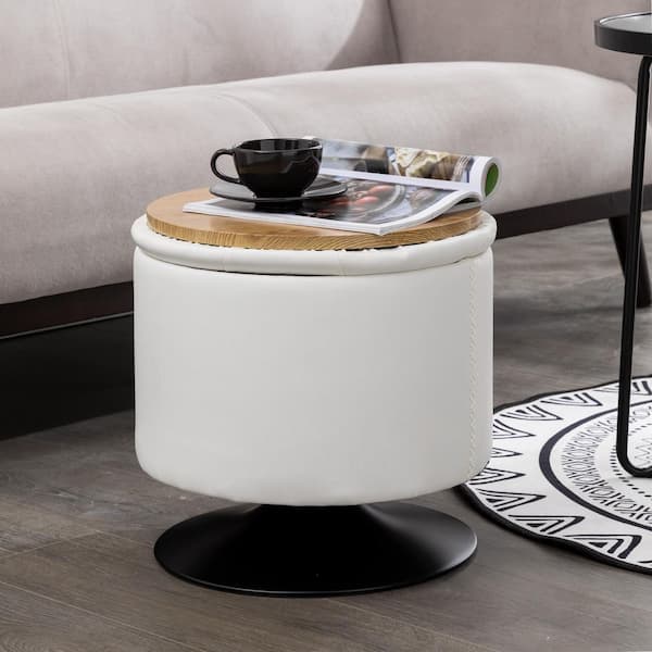 LUE BONA 16.5 in. Wide Faux Leather Swivel Round Tufted Ottoman with storage