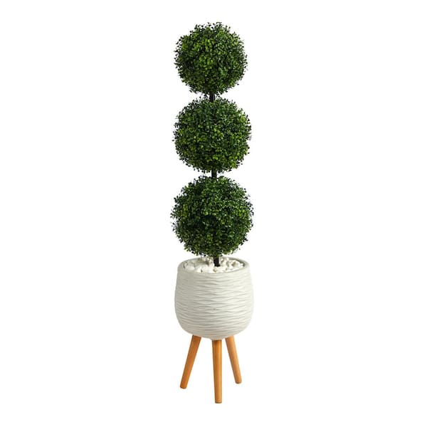 Nearly Natural 51 in. Indoor/Outdoor Boxwood Triple Ball Topiary Artificial Tree in White Planter with Stand