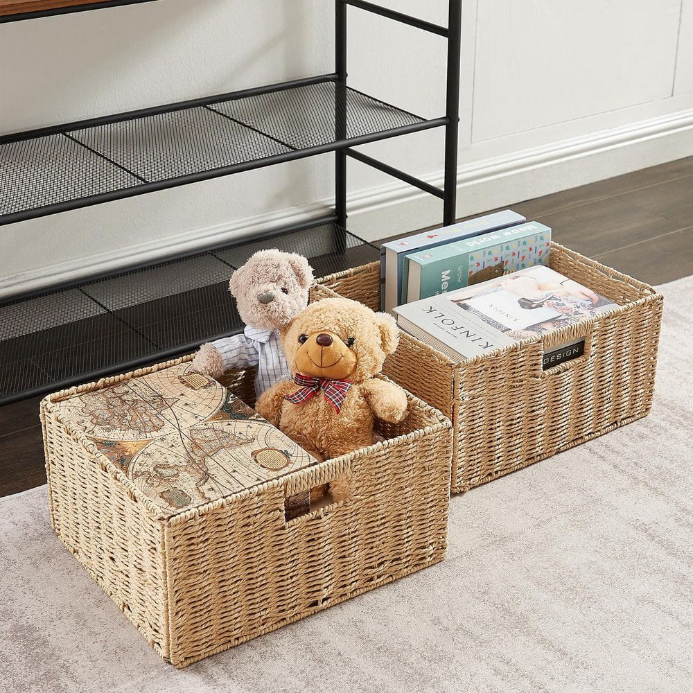 VECELO 32.4" Industrial 3-Tier Console Table with 2 Straw Storage Baskets, Sofa Table with Mesh Shelf for Living Room, Stable Metal Frame for Living Room, Brown