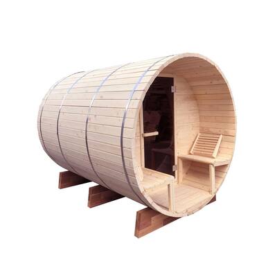 4-Person Outdoor-Indoor Electric White Finland Pine Wet Dry Barrel Sauna, Front Porch Canopy - 8 kW Harvia KIP Heater