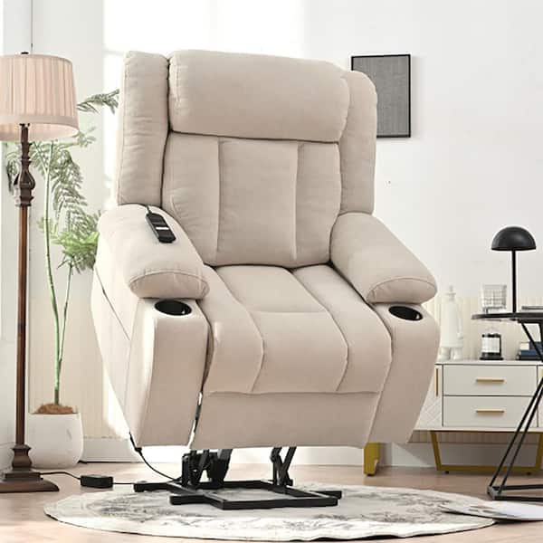 Boyel Living Beige Velvet Power Lift Recliner Chair with Extended Footrest, 2 Cup Holders and Remote Control