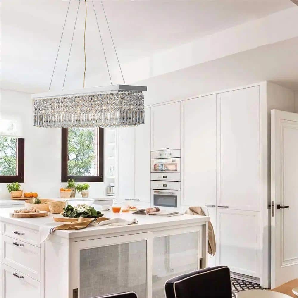 Modern Rectangular Chrome & Crystal Chandelier with Adjustable Height