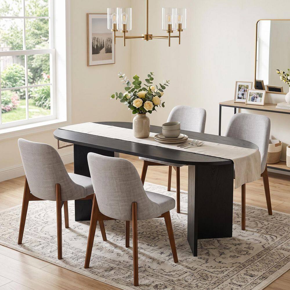 5-Piece Modern Oval Black Wood Top 67 in. Double Pedestal Base Dining Table Set Seats 4