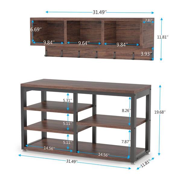 Tribesigns Howard Brown Wood 32 in. Shoe Rack with Coat Hooks