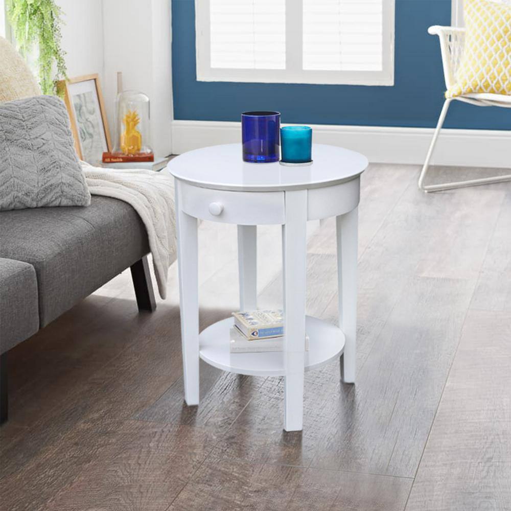 Elegant Round White Parawood Accent Table with Drawer and Shelf