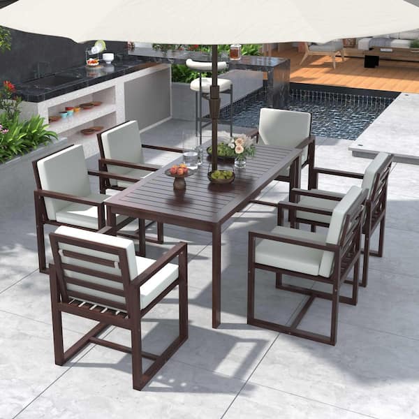7-Piece Wood Outdoor Dining Set with Removable Light Beige Gray Cushions