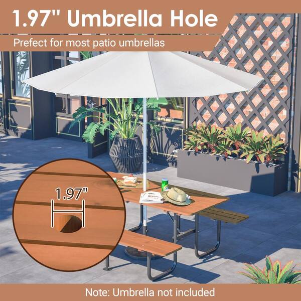 Flynama 72” Rectangular Picnic Table for 6, Umbrella Hole