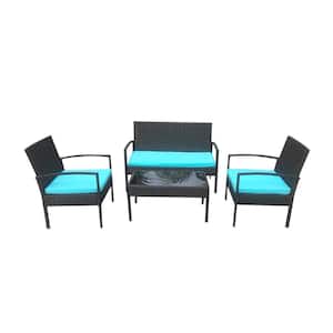 4-Piece Black Wicker Outdoor Dining Sets Standard Height Chairs with Blue Cushions