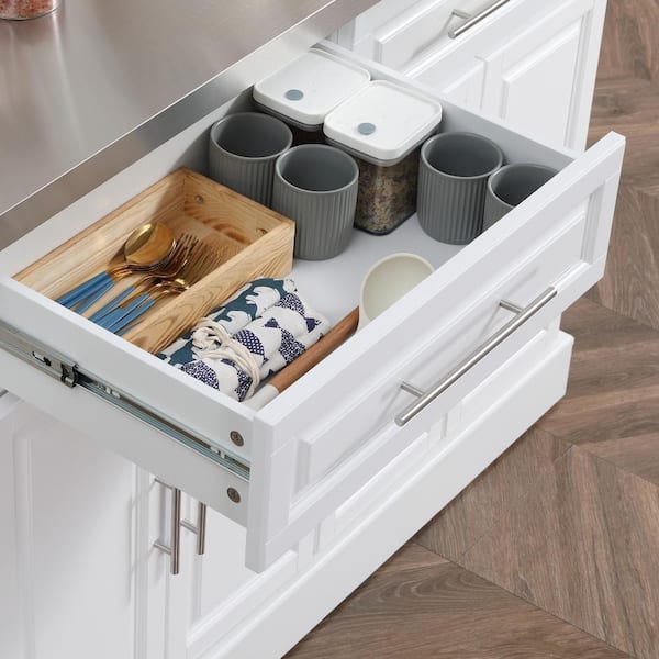 FAMYYT White Stainless-Steel Top 57 in. Kitchen Island with