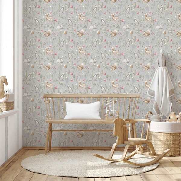 Forest Animals Grey Whimsical Wallpaper Sample