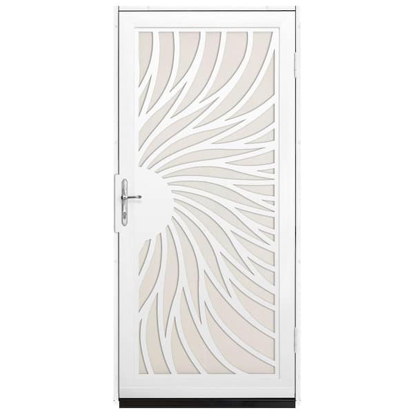 Unique Home Designs 36 in. x 80 in. Solstice White Surface Mount Steel Security Door with Almond Perforated Screen and Nickel Hardware