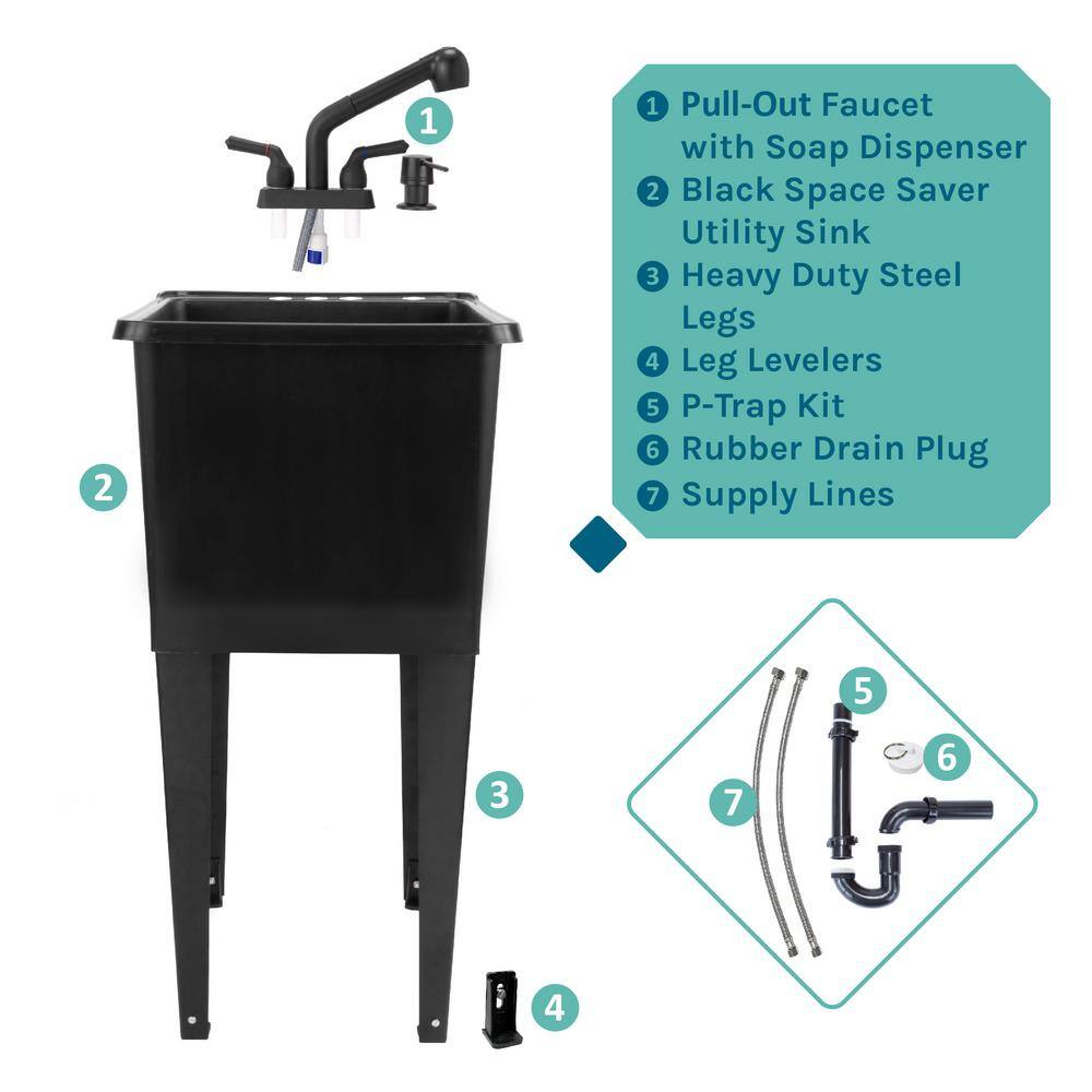 Black Freestanding Thermoplastic Utility Sink with Faucet for Laundry Room