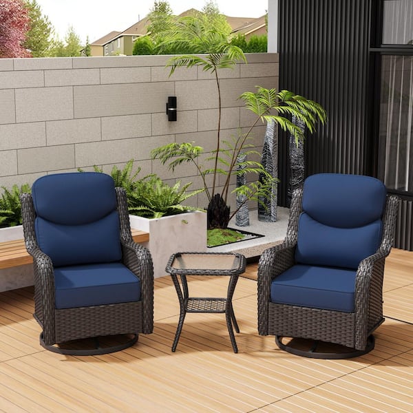 Smiley 3-Piece Brown Wicker Outdoor Swivel Rocking Chairs Patio Conversation Set with Thick Blue Cushions and Side Table