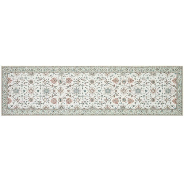 Aure Floral Chenille Beige 2 ft. x 6 ft. Polyester Runner Rug