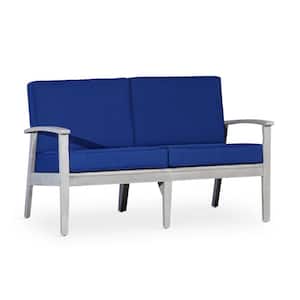 Outdoor Silver Wood Dining Bench, 19 in. W Patio Loveseat with Navy Blue Cushions, Arms