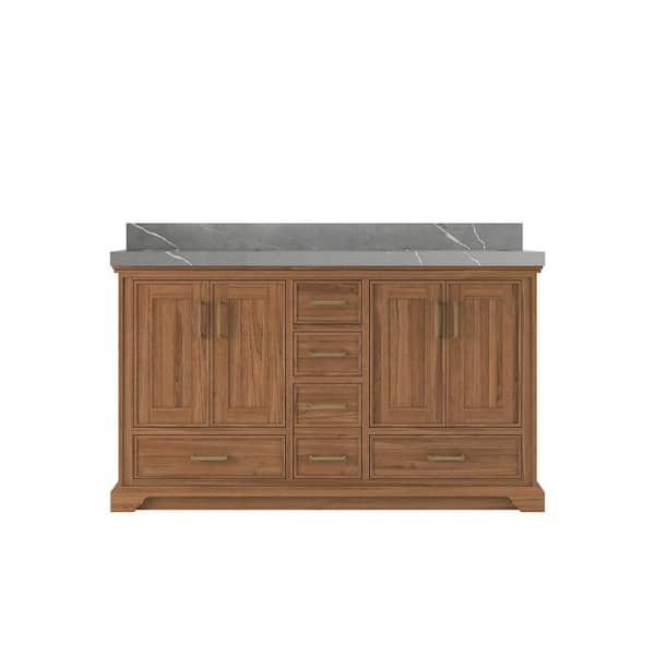 Willow Collections Charlotte Teak 60 in. W x 22 in. D x 36 in. H Double Sink Bath Vanity in Dark Natural with 2 in. Piatra Quartz Top