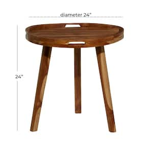 24 in. Brown Large Round Wood End Accent Table with Tripod Legs and Slot Handles